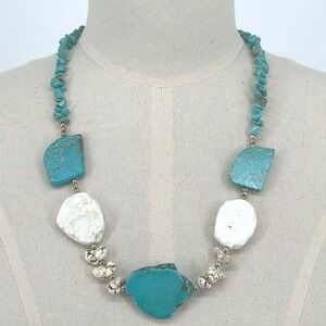 Turquoise Beaded Necklace Wired with Silver Tone Beading and Wired‎ Hook Clasp
